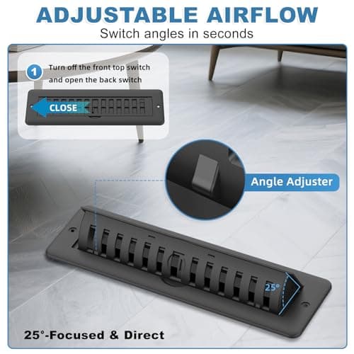 2x10 Floor Register with Vent Deflector, 2 in 1 Adjustable Floor Vent Covers, Floor Vent Deflector Includes Mounting Screws for Floor & Wall for Easy Install, Toe Kick Vent Cover, Black, 2 Pack view 5