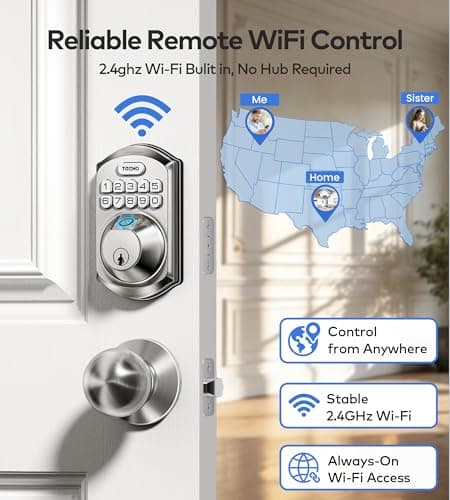 TEEHO TE012W-K WiFi Smart Keyless Entry Door Lock with Handle, Fingerprint Door Knob & Digital Keypad, APP Remote Control, Works with Alexa & Google, Electronic Deadbolt for Front Door, Satin Nickel view 2