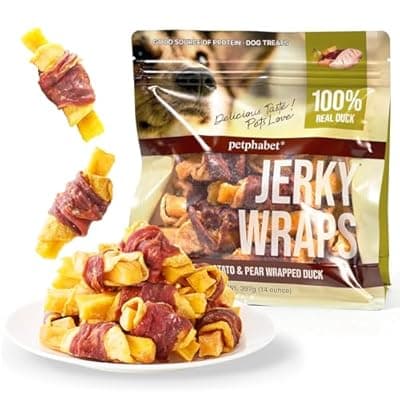 PETPHABET Duck Wrapped Sweet Potato Pear Dog Treats - Healthy Jerky Dog Chews, Rawhide Free Training Treats for Small, Medium, Large Dogs, Soft Snacks High Protein & Low Fat, Easy to Digest, 14oz