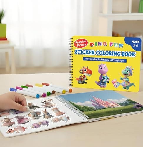 Dino Fun Reusable Sticker & Coloring Book for Kids | 2-in-1 Set with 160+ Stickers, 6 Markers & 11 Themes | Educational Travel Toy Gift for Ages 4-8 view 5
