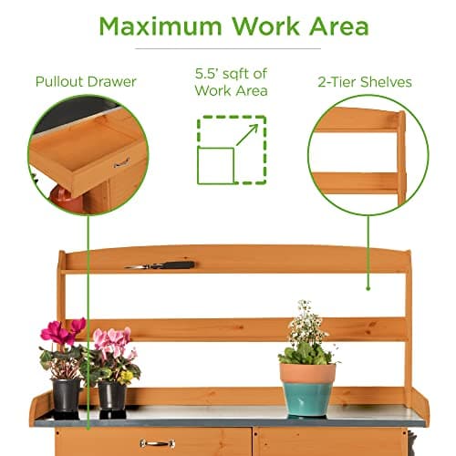 Best Choice Products Outdoor Garden Wooden Potting Bench Work Station w/Metal Table Top, Pre-Stained Finish, Cabinet, Sliding Drawer, Large Bottom Shelf - Brown view 3