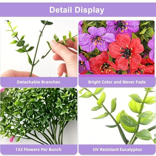 Artificial Fake Flowers Plants for Outdoors, 2 PCS UV Resistant Faux Silk Daisy with Eucalyptus Leaves Hanging Flowers for Home Garden Balcony Yard Porch Decor(Purple Red) view 4
