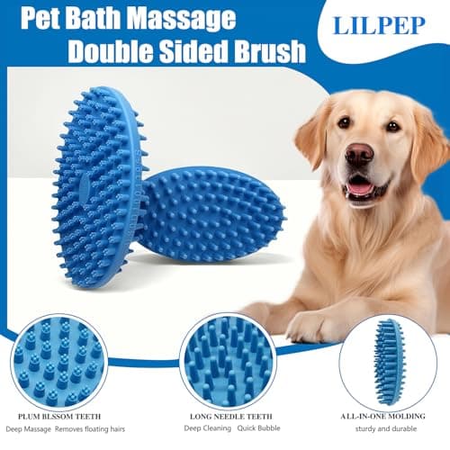 Dog Grooming Brush, Lilpep Pet Shampoo Bath Brush Soothing Massage Rubber Comb with Adjustable Ring Handle for Long Short Haired Dogs and Cats (2 pale blue, 2 sided brush) view 3