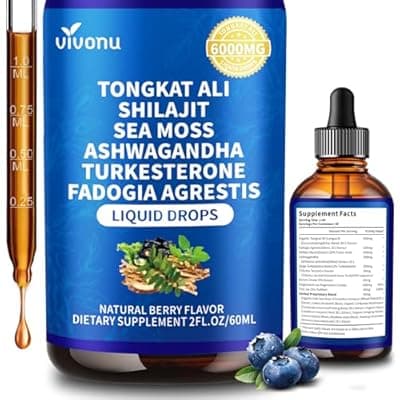 VivoNu Tongkat Ali Liquid Drops with Shilajit* for Men, Turkesterone, Fadogia Agrestics, Magnesium Zinc & Boron, Berry Flavor Herbal Supplements* for Energy*, Immune* Health