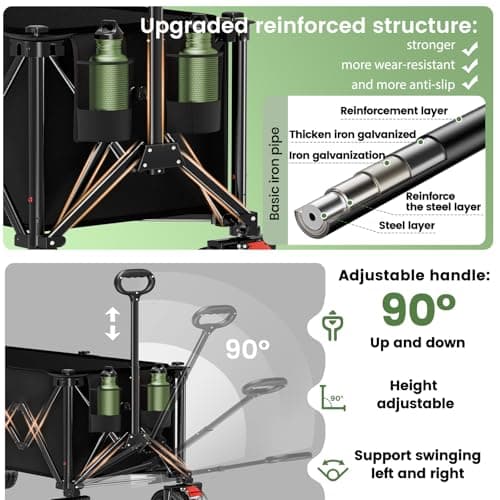 Beach Wagon Carts Foldable 580LBS Collapsible Wagon with Big All-Terrain Wheels for Sand 340L Heavy Duty Utility Carts with Cup Holders for Garden, Camping, Grocery, Black view 4