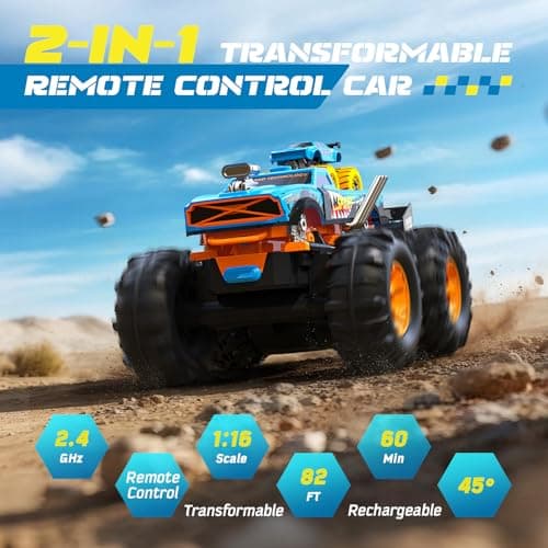 2-in-1 Remote Control Car with Transform Launcher Track – 1:16 RC Monster Truck Toys 2.4GHz, Self-Standing 360° Flips Towing Mini Cars & Electric Scoring Gate Truck Gift for Kids Boys Girls Age 4-12 view 5