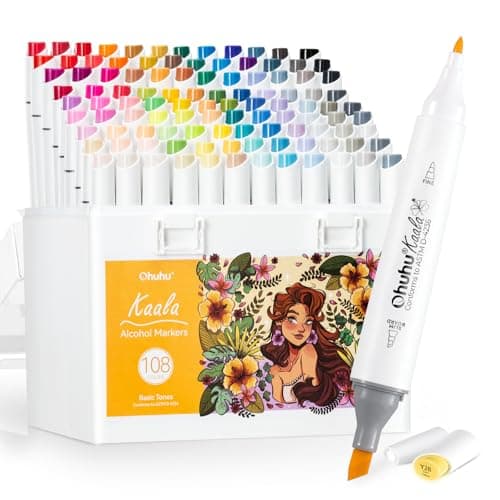 Ohuhu Alcohol Markers 108 Colors: Fine & Slim Broad Chisel Dual Tips Alcohol-based Refillable Art Markers for Artist Adult Coloring Book Illustration Drawing Manga 108 Set- Kaala