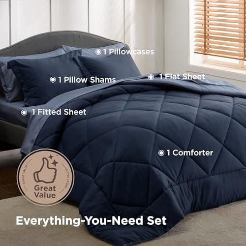 Bedsure Twin Comforter Set - 5 Pieces Reversible Navy Blue Bedding, Twin Size Bed Set for All Seasons, Bed in a Bag with Down Alternative Comforter, Sheets, Pillowcase & Sham view 4