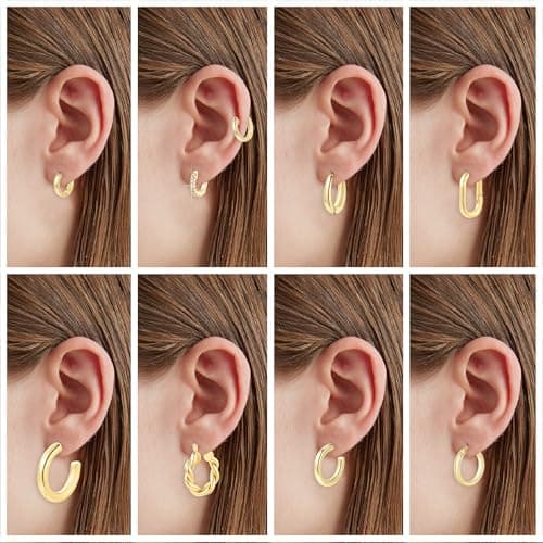 9 Pairs 14K Gold Plated Hoop Earrings for Women | Hypoallergenic Chunky Huggie Gold Earrings Set | Lightweight Small Thick Open Hoops Earrings Jewelry Pack view 4