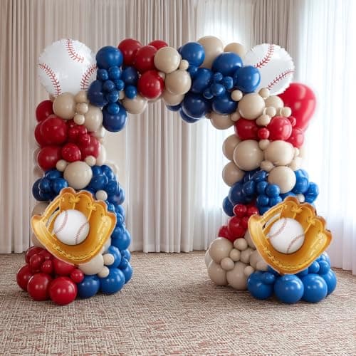 Baseball Balloon Garland Arch Kit, Navy Blue Red Nude Balloon Arch with Baseball Glove Foil Balloons for Sports Theme Birthday Party Decorations view 4