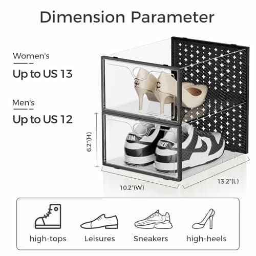 Pinkpum 15 Pack X-Large Shoe Storage Boxes Fit Size 11, Shoe Organizer for Closet Clear Plastic Stackable Shoe Dispaly Case Bins Holder, Sneaker Storage for Sneakerheads Black view 3