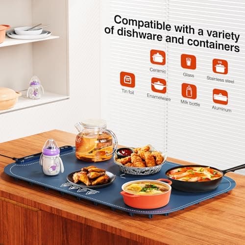 Warming Mat for Food, Voriah Electric Warming Tray with 99H Timer & 8 Temperature Settings, Foldable Food Warmer with °C/°F Switch, Keeps Food Warm at Buffets, Sabbath, Family Gatherings（Navy Blue） view 5