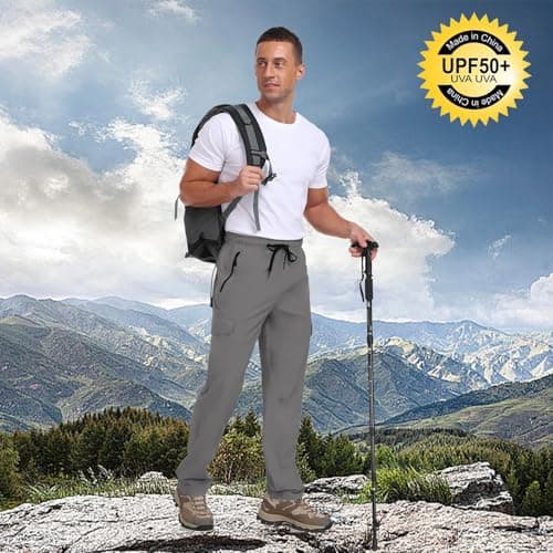 Men's Hiking Pants UPF 50+ Cargo Quick Dry Water Resistant Elastic Waist Zip Pockets Travel Work Lightweight Running view 3