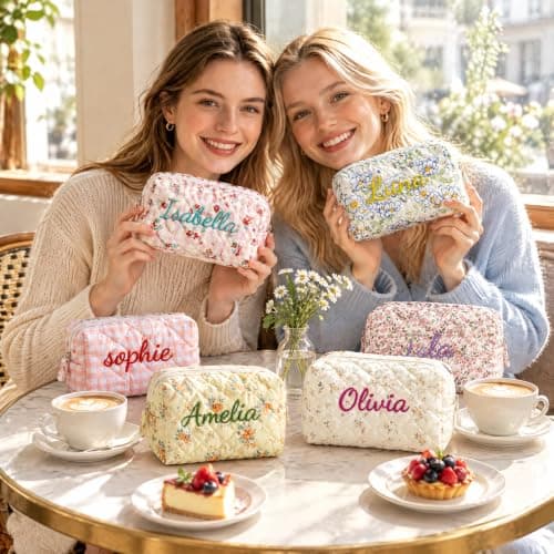 Custom Embroidered Flower Cosmetic Bag with Assorted Floral Designs. Portable Zipper Makeup Storage Pouch, Ideal for Daily Life and Travel, Gift for Ladies and Wedding Bridesmaids. view 3
