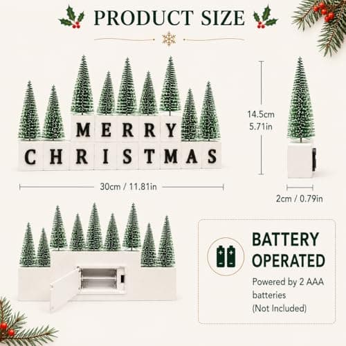 Merry Christmas Table Decor with Warm Lighted Mini Trees and 3D Letters Wooden Christmas Sign for Mantel, Shelf, Fireplace, Entryway, Rustic Farmhouse Indoor Xmas Decor view 2