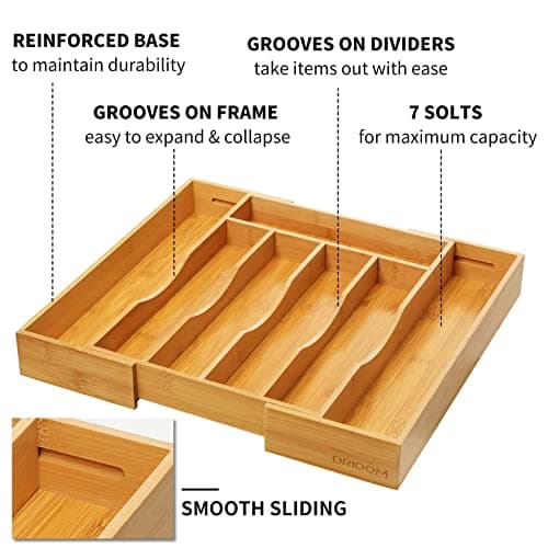oridom Expandable Bamboo Kitchen Drawer Organizer for Cutlery and Utensils, Adjustable Bamboo Wood Cutlery Tray in Drawer for Flatware and Silverware in Kitchen, (Natural) view 4