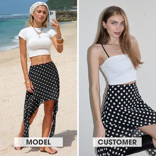 EXLURA Women Summer Boho Skirts Polka Dot Asymmetrical Midi Skirt Y2K Elastic Waist Flowy Skirts Beach Vacation Cover Ups view 2