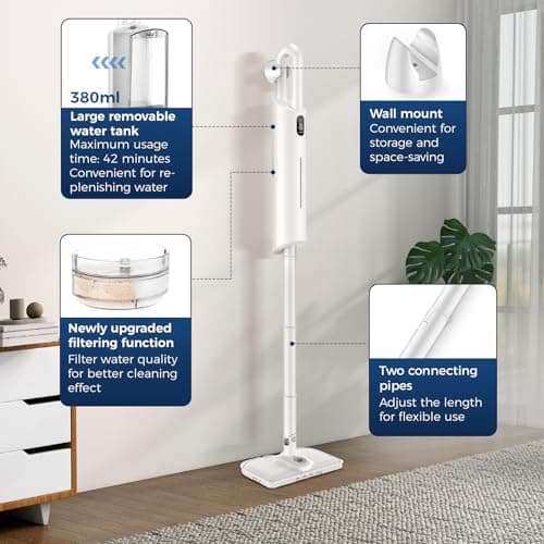 Steam Mop 13-in-1Detachable Handheld Steam Cleaner for Home, White | 380ml Removable Filtering Water Tank, Straps, 2 Levels of Steam, Display Screen Steamer for for Hardwood,Cloths and Carpet view 5