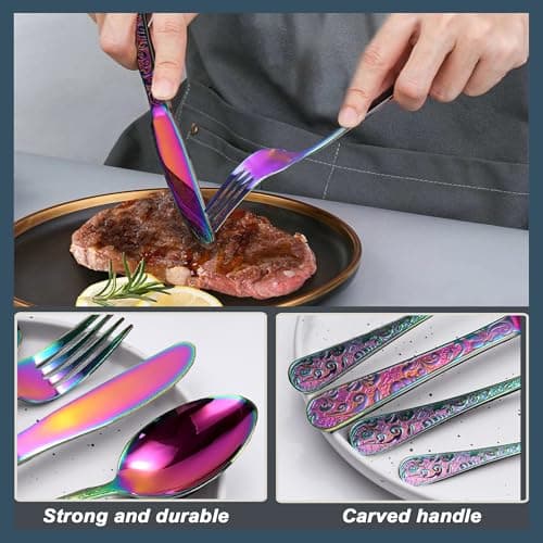 Runfly Vintage Carved Rainbow Stainless Steel 20 Pieces Flatware Set, Colorful Silverware Set, Modern Embossed Cutlery Set Utensils Including Fork Spoon and Knife view 6