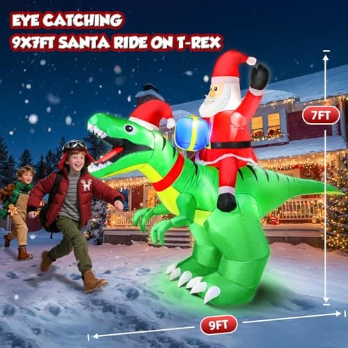 9x7FT Christmas Inflatables Santa Ride on Dinosaur with LED Outdoor Christmas Dinosaur Inflatable Blow Up Yard Decorations with Sandbags Stakes Strings for Garden Decor view 3