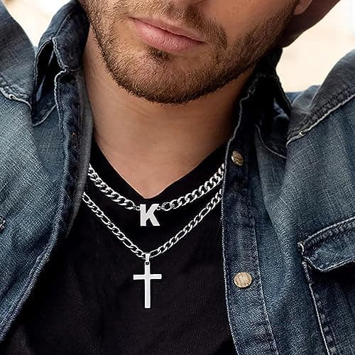 ZNBOH Cross Initial Necklace for Men Stainless Steel Silver Layered Cuban Figaro Link Chain Letter Christian Cross Pendant Initial A-Z Jewelry Gift for Husband Women view 2