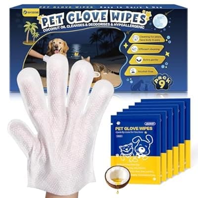 GIXSEGIE Pet Glove Wipes for Dogs and Cats, Deodorizing Cleaning Gloves, Hypoallergenic Coconut Oil Grooming Wipes, Individually Wrapped, for Pet Dry Cleaning, Daily Care and Travel, 9 Pcs