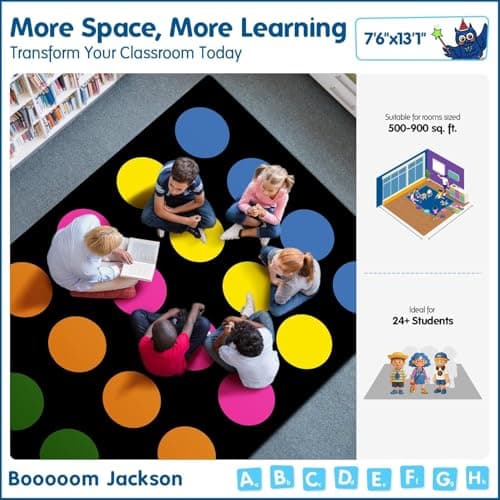 Booooom Jackson 7'6''x13' Colorful Circle Classroom Rug for Kids Room Seating Décor - Thick Nylon Large Preschool Carpet Daycare Rug for Teaching & Playroom, Non-Slip &No Triping,20X Stain Resistance view 2