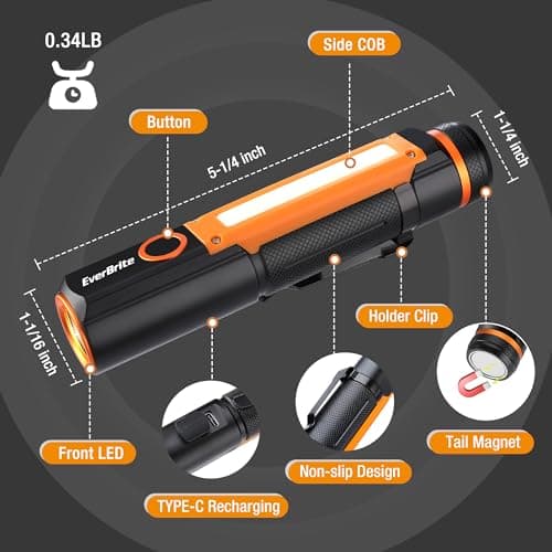 EverBrite Rechargeable LED Emergency Flashlight, 500 Lumens Pocket Flashlight, USB-C Cable, 7 Modes Handheld Flashlights with COB Sidelight, Magnetic Base, Pocket Clip, Light for Camping, Emergency view 2