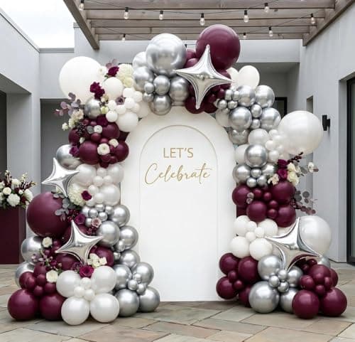 Double Stuffed Burgundy & Pearl White Balloon Arch Garland Kit, Dark Plum Purple Balloons with Silver Foil Stars for Mother's Day,Graduation,Wedding,Bridal,Baby Shower,Birthday Party view 1