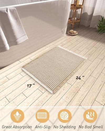 AMOAMI Upgraded Waffle Bath Mat, Super Absorbent Non Slip Bath Mats for Bathroom Floor, Machine Washable Bathroom Rugs with Tassels, Rubber Backed Bathroom Mats, Ultra Soft, 17" x 24",Brown & Cream view 2