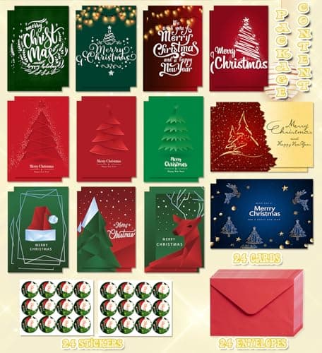 HSHFAMIIY Christmas Cards, 24 Pcs Christmas Cards with Envelopes & Stickers view 4