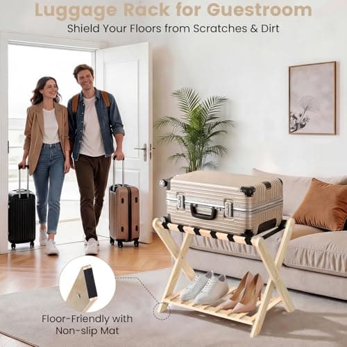 Luggage Rack Set of 2, Sturdy Wooden Luggage Rack for Guest Room, Folding Suitcase Stand with Storage Shelf, Luggage Stand with 6 Nylon Straps for Bedroom, Hotel view 5