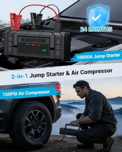 AVAPOW 10000A Jump Starter with Air Compressor, 12V Portable Jump Box | Starts All Gas & All Diesel, Built-in 150PSI Air Compressor, 30W PD Fast Charging, 4" HD Display, EVA Case view 2