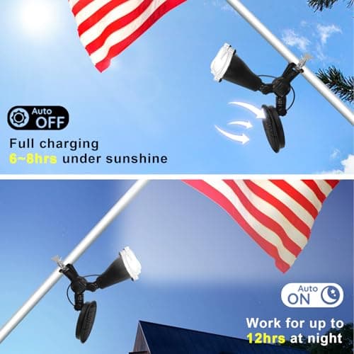 RAYSLIT Flag Pole Light Solar Powered 360° Adjustable Metal Clamps Fits 1-1.5" Dia Wall-Mounted Flagpole Brightest Outdoor Dusk to Dawn LED Spotlight 100% Coverage Flag Light Black view 5