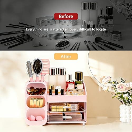 Makeup Organizer Countertop, Spacious Cosmetic Display Case with Makeup Brush Holder, Perfect Vanity Bathroom Organizer and Storage, Pink view 4
