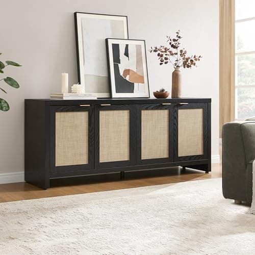 SICOTAS TV Stand for Living Room Boho Entertainment Center for Bedroom with 4 Rattan Cabinets Farmhouse Television Stands with Storage Large Media Console Table for TVs up to 65 Inch view 6