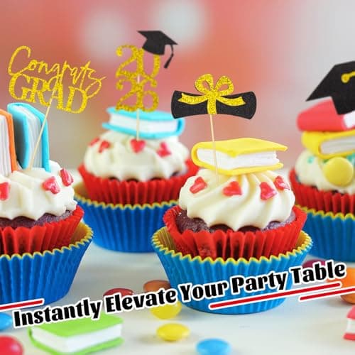 Oeyliz Graduation Cupcake Toppers 2026 Graduation Theme Cupcake Toppers Glitter 2026 Grad Cap Congrats Grad Diploma Cupcakes Toppers 24 PCS For 2026 Graduation Cake Decorations Supplies Gold view 4