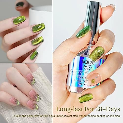 SAGEBIO 15ml Cat Eye Gel Nail Polish with Magnet Stick – Glitter Holographic Magnetic Gel, DIY Manicure Kit for Home Use, Long-Lasting Nail Art, A-Jelly Green view 4