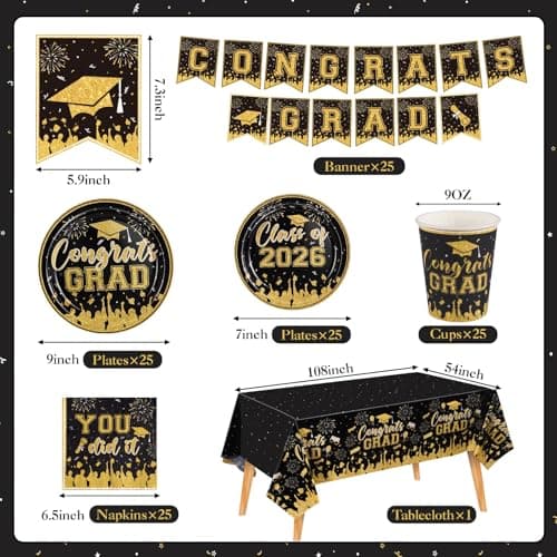 NatNarr Graduation Decorations 2026, Black Gold Graduation Party Supplies Include Class Of 2026 Grad Plates Napkins Cups Tablecloth Congrats Grad Banner for Middle College High School, Serve 25 Guest view 3