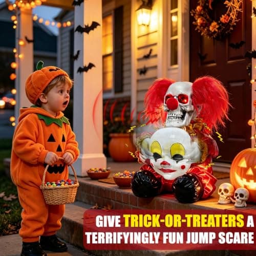Scary Halloween Animatronics Clown Decoration for Haunted House Party Decor | Spooky Sound & Touch Activated Skull Face Ripping Clown Prop with Red LED Eyes, Indoor Outdoor Yard Holiday Porch Party Favor view 6