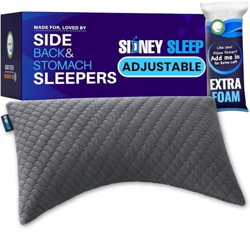 Sidney Sleep Bed Pillow for Side and Back Sleepers - Queen Size - Adjustable Filling - Memory Foam Pillow for Neck and Shoulder Support - Customizable Loft - Additional Foam Bag Included (Grey) view 1