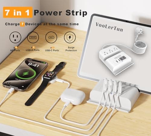 VooLerTun Surge Protector Power Strip Outlet Extender 4 USB Charging Station with Multi Outlet,6FT Flat Plug Extension Cord 3 AC with Overload Protection ETL Certified for Office Home view 3