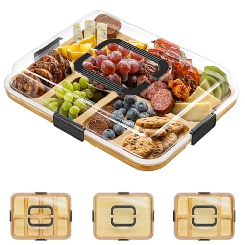 SpaceAid Charcuterie Board with Clear Lid, Portable Travel Cheese Cutting Boards for Picnic Accessories, Bamboo Serving Tray with Lids, House Warming Gifts, Black Handles, 8 Compartments — image 1