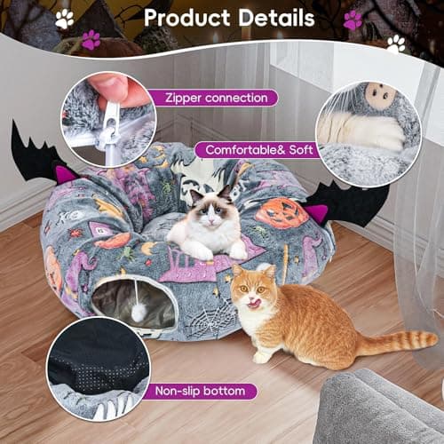 Tidjani Halloween Cat Tunnel Bed, Cat Tunnels for Indoor Cats with Bat Wings, Foldable Pet Donut Bed with Middle Mat and Dangling Balls, Pet Play Toy with Ghost, Spider Web Pattern Decorations view 4