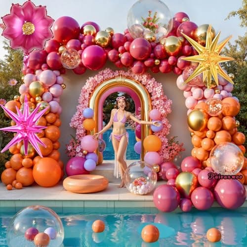 154Pcs Pink and Orange Balloon Arch Kit with Flower Foil & 2 Star Balloons for Bachelorette Party, Birthday, Wedding, Baby Shower – Pink and Orange Theme Party Decorations view 6