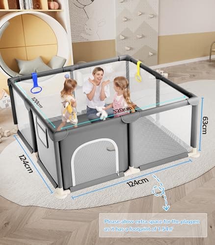 Dripex Baby Playpen, 47"x47" Small Playpen for Babies, Enhanced Safety Baby Play Yard for Indoor & Outdoor, Infant Play Pen with Soft Breathable Visible Mesh, Anti-Fall Design & Easy Setup, Grey view 2
