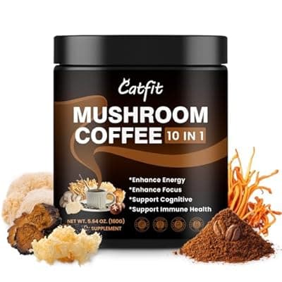 Catfit Instant Mushroom Coffee Powder, 10-in-1 Adaptogen Blend with Lion's Mane, Chaga & Cordyceps for Energy, Focus, Gut Health & Immune Support - 160g, 50 Servings