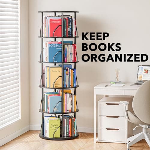 SpaceAid 5 Tier Rotating Bookshelf Tower, 360 Display Stackable Spinning Bookcase, Space Saving Revolving Round Book Shelf, Floor Standing Swivel Corner Organizer, Black view 5