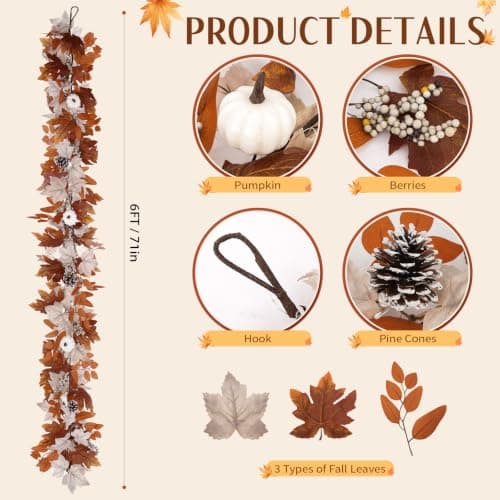 6 Ft Fall Garland with Lights & Timer, Thanksgiving Fireplace Mantel Decor | 30 Warm LED Lights, 6H Timer, Maple Leaves, Pumpkin, Berries and Pine Cones, Fireplace, Lighted Porch Table Autumn Decor view 2