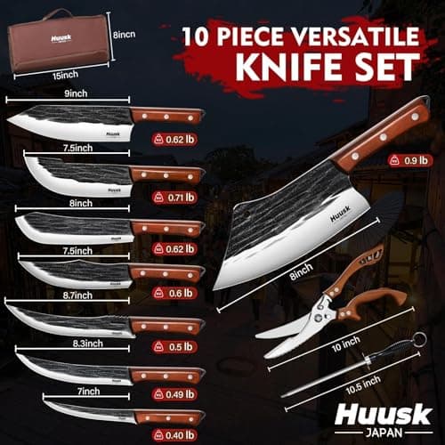 Huusk Butcher Knife Set, 10-Piece Hand Forged Chef Knife Set with Bag | Sharp Meat Cleaver & Bbq Carving Knives & Boning Breaking Knives for Kitchen & Camping, Gifts for Men Women view 2